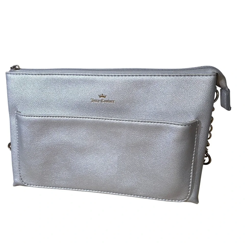 Juicy Couture Silver Metallic‎ Clutch Crossbody Chain Strap Bag 3 Inside Pockets